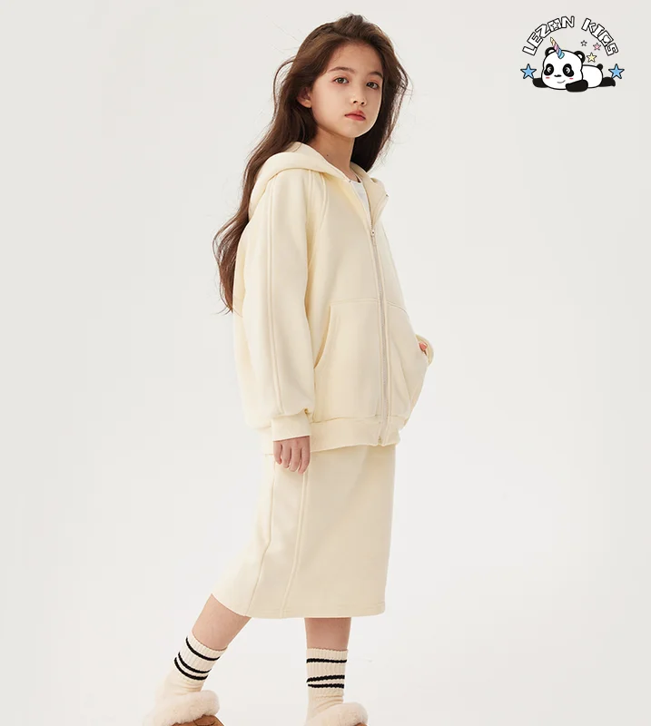 LEZONKIDS - Autumn and Winter New Fashion Kids Casual Plain Hooded Pullover Split Skirt  Girls Hoodie & Sweatshirt Set
